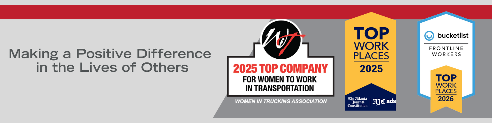 Making a Positive Difference in the Lives of Others. peachstatetrucks.com. 2025 TOP COMPANY FOR WOMEN TO WORK IN TRANSPORTATION - WOMEN IN TRUCKING ASSOCIATION. TOP WORK PLACES 2025 - THE ATLANTA JOURNAL CONSTITUTION | AJC ads. Bucketlist: Frontline Workers - TOP WORK PLACES 2026.